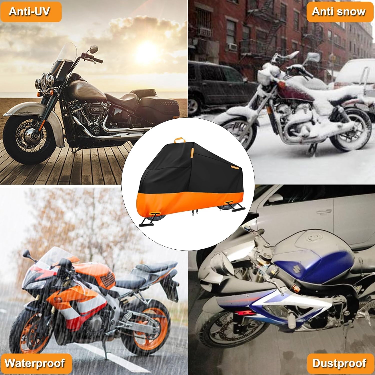 Motorcycle Cover Waterproof Outdoor, 300D Heavy Duty Motorcycle Cover for Harley Davidson Electra Glide Ultra Limited CVO Road Street Glide Gold Wing, All Seasons Protection Fits up to 116"