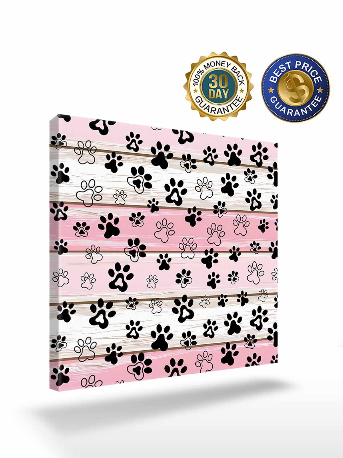 Dog Paw Canvas Wall Art, Pink Wood Grain Farmhouse Vintage Board Framed Wall Decor Modern Artwork Prints Painting for Living Room, Bedroom, Kitchen & Cafe Decor 16x16 Inch