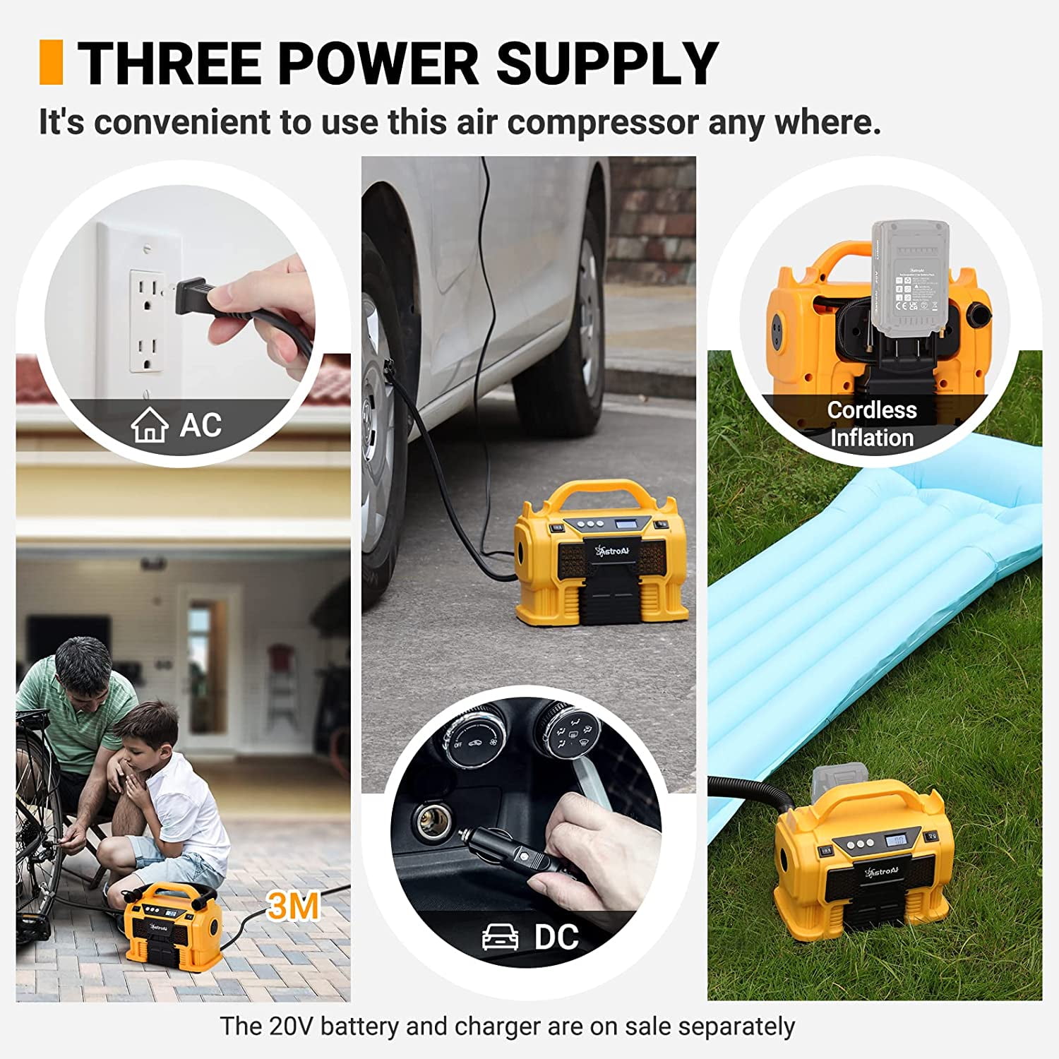 Cordless Tire Inflator, Air Compressor 160 PSI with Three Power Resources, Air Pump for Car Tires