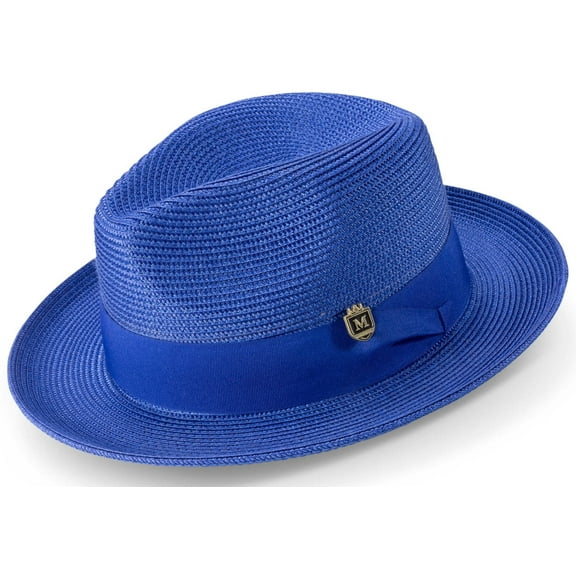 Men's Braided Wide Brim Pinch Fedora Matching Grosgrain Ribbon Hat in Royal H-42