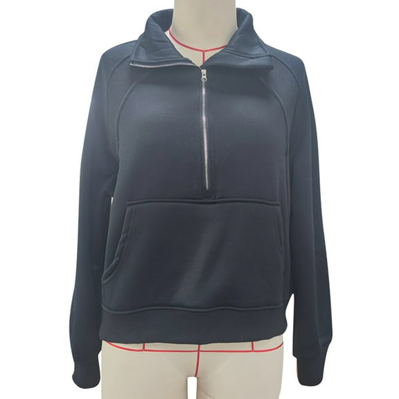 Women Long Sleeves Pullover Turn Down Collar Half Zip Up Large Front Pocket Casual Loose Blouses Black S