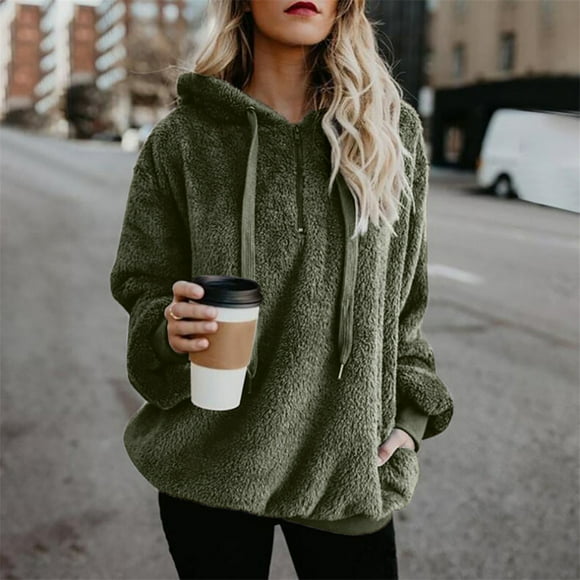Meihcang Fuzzy Fleece Hoodies for Women Plus Size Zipper Long Sleeve Drawstring Hooded Sweatshirt Soft Loose Fit Winter Warm Pullover Hoodie Army Green XL