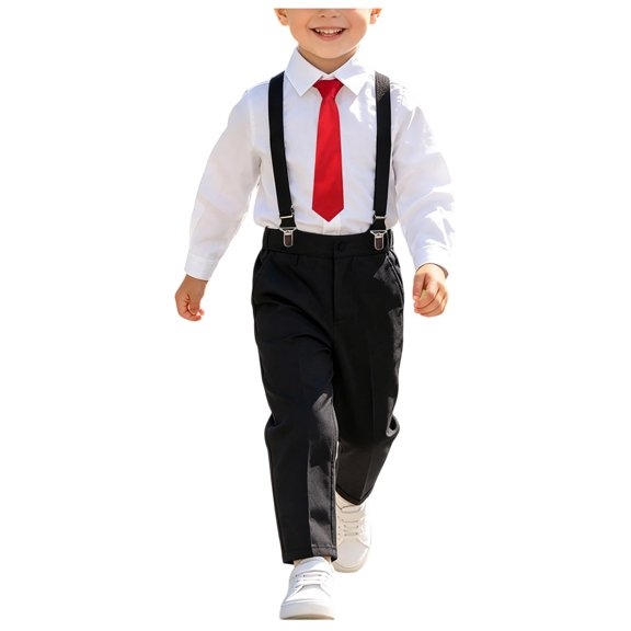 Pandaie 2-16T Boy Thicken Suits Boys Gentleman Wedding Outfit Dress Shirt with Bowtie Suspender Pants for Fall Winter Formal Occasion Red,2-3 Years