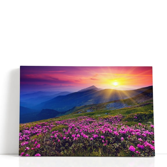 Pink Rhododendron Flowers Mountain, Sunrise - Wrapped Canvas Print Wall Art | 18" W x 12" H