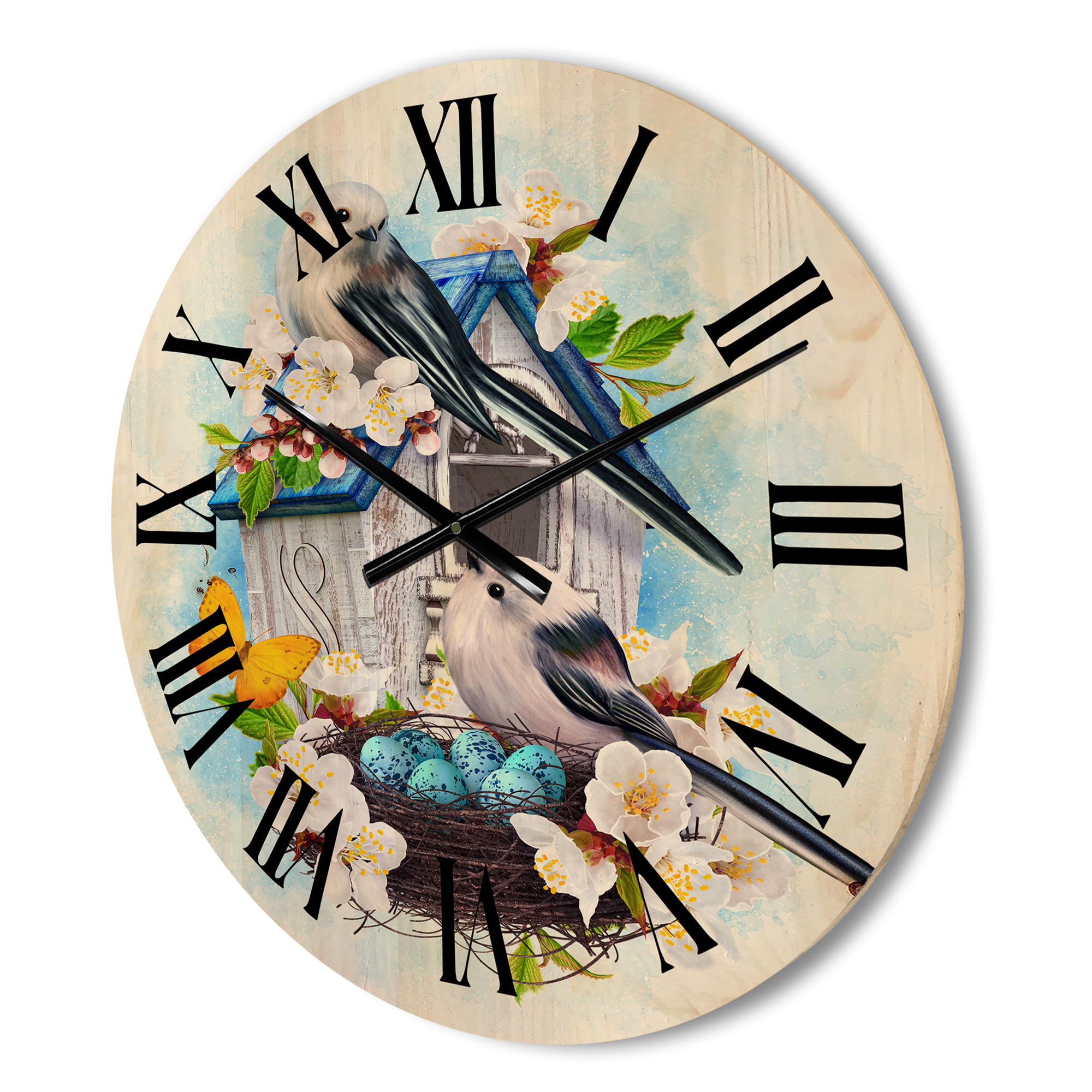 Designart 'Two Tit Birds Sitting Near The Nest With Eggs and White Flowers II' Traditional Wood Wall Clock
