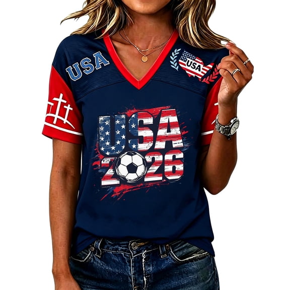 Usa Soccer Jersey for Women Color Block V Neck Raglan Soccer Shirt Short Sleeve Summer Graphic Tees, Navy XXXL
