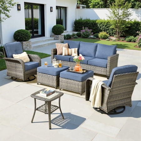 XIZZI 6-Pieces Wicker Patio Furniture Sets Outdoor Furniture Sectional Sofa with Swivel Chairs ottomans All-Weather Rattan Outdoor Conversation Set for Porch Patio Backyard-Denim Blue