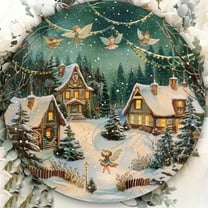 HELLOYOUNG Winter Cottage Theme Circular Iron Wall Art,  Metal Sign Plate with Printed Design, Iron Decor for Bar Café Club