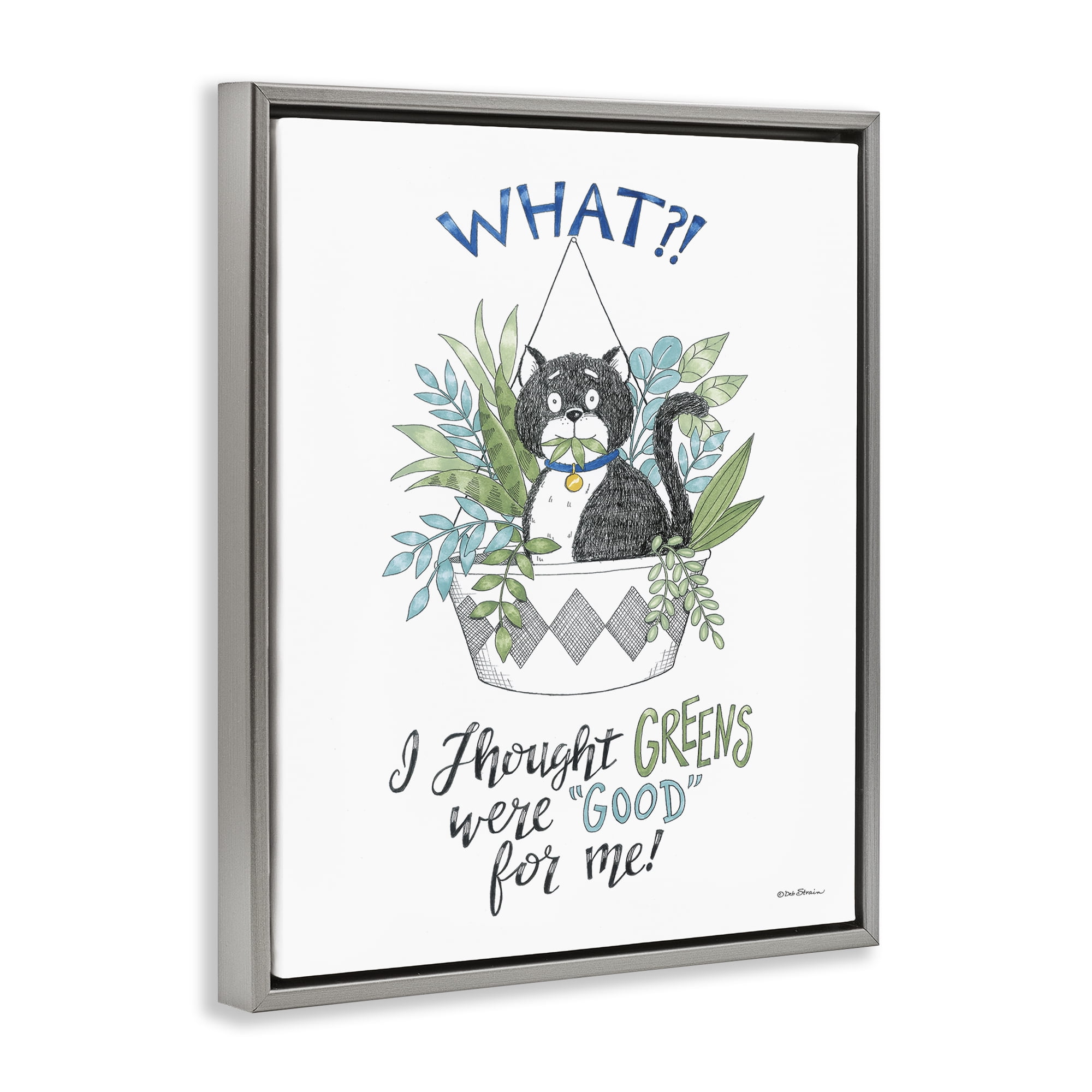 Stupell Industries Funny Cat Eating Plant Animals Painting Gray Floater Framed Canvas Art Print Wall Art, 25 x 31