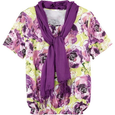 Just My Size Plus Women's Scoopneck Tunic w/ Smocked Hem & Scarf - All-over Print