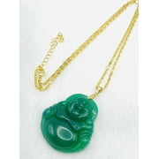 Jade Buddha Pendant Charm Necklace W/ 18K Gold Plated Chain Handmade Carved Gem