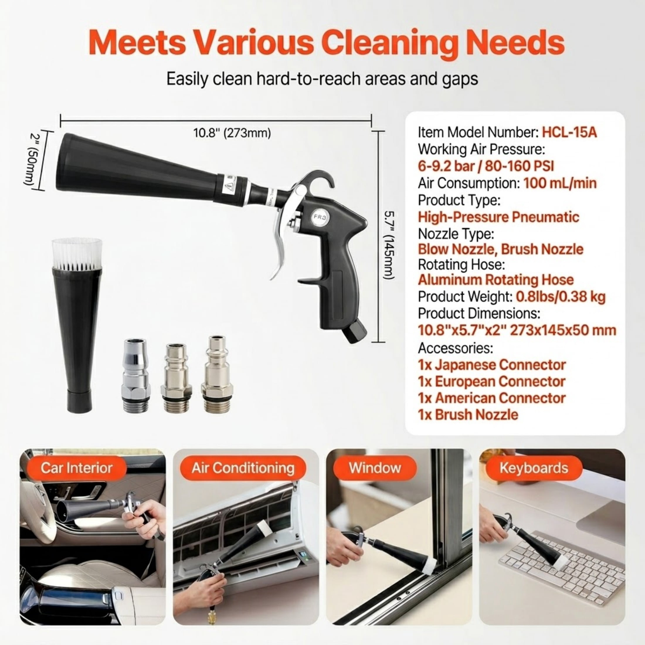 High-Pressure Car Cleaning Gun with 360° Rotating Nozzle, 6-9.2 Bar Air Blow Gun for Detailing, Includes 2 Nozzle Set, Fits 1/4" NPT Air Compressor
