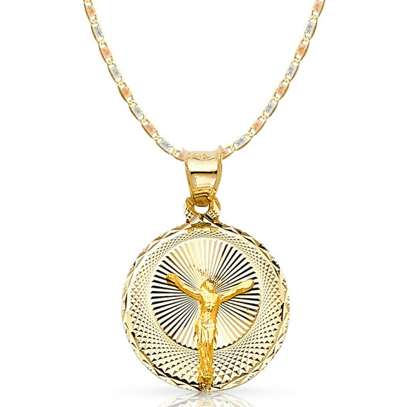 14K Yellow Gold Diamond Cut Jesus Stamp Charm Pendant with 2.1mm Valentino Chain Necklace
