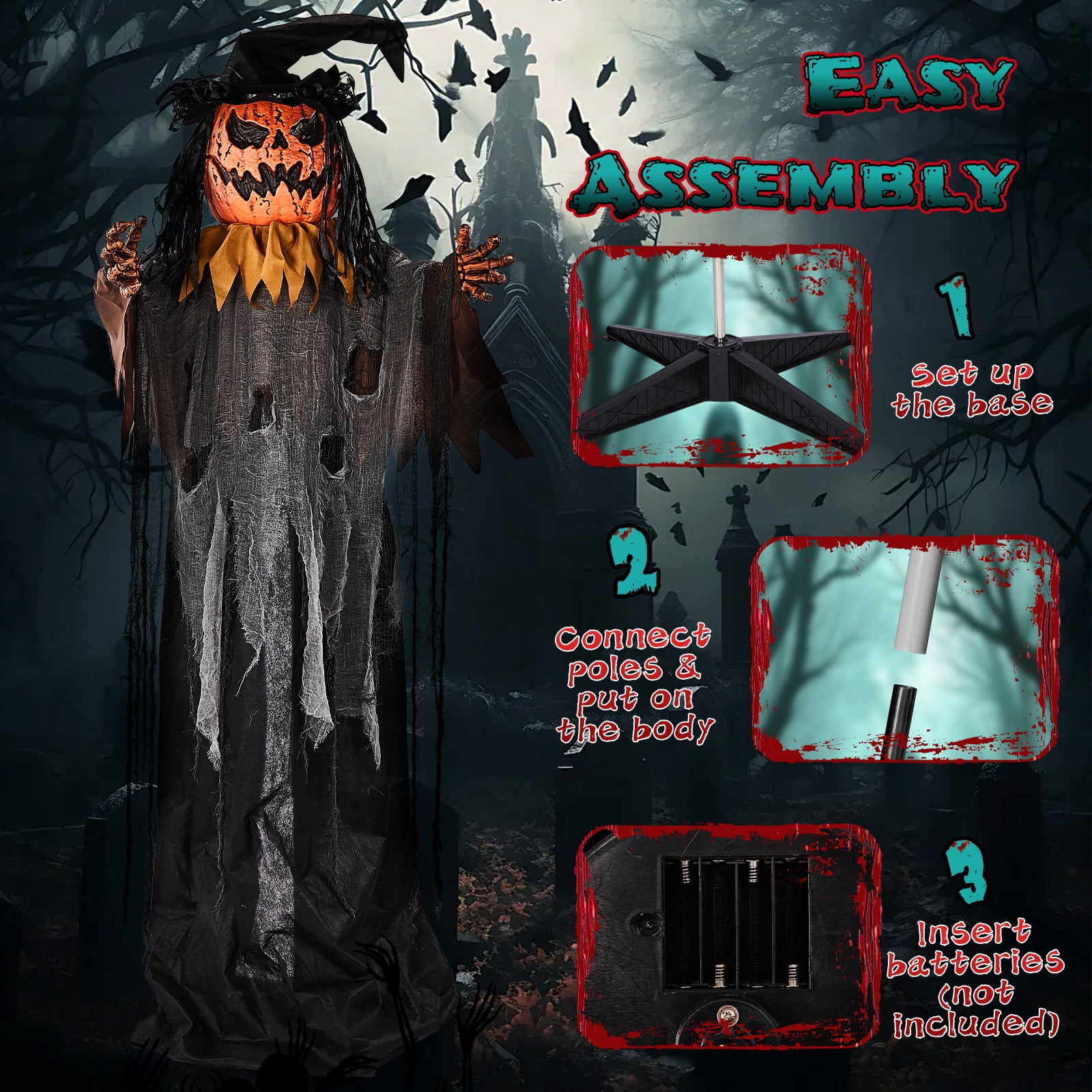 Astoutdoor 6 ft Skull Pumpkin Man Halloween Standing Decoration with Orange Light-Up Eyes, Pop-Up Skull Head, and Ghostly Sound Effects, Sound-Activated and Battery Operated
