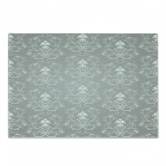 Damask Cutting Board, Damask Style Antique Floral Motifs Pattern Royal Victorian Design Vintage Leaves, Decorative Tempered Glass Cutting and Serving Board, Small Size, Grey and White, by Ambesonne