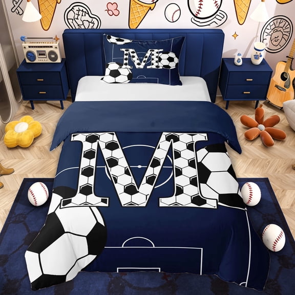 Erosebridal Soccer Letter M Kids Twin Bedding, Blue Cartoon Duvet Cover Set, 2 Pieces, 1 Duvet Cover and 1 Pillowcase (No Comforter)