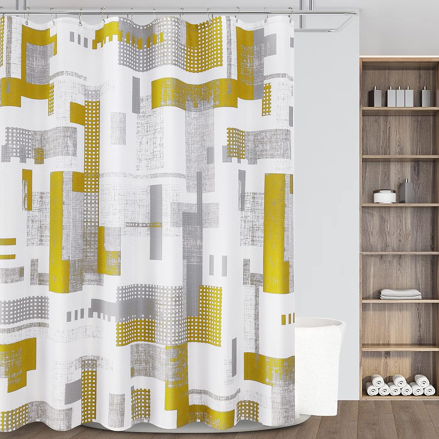 Gold Shower Curtain Set with 12 Hooks - Geometric Shower Curtains for Bathroom Decor Black and Grey Shower Curtain Simple Hotel SPA Bath Curtain - Waterproof Waffle Fabric Machine Washable, 72x72