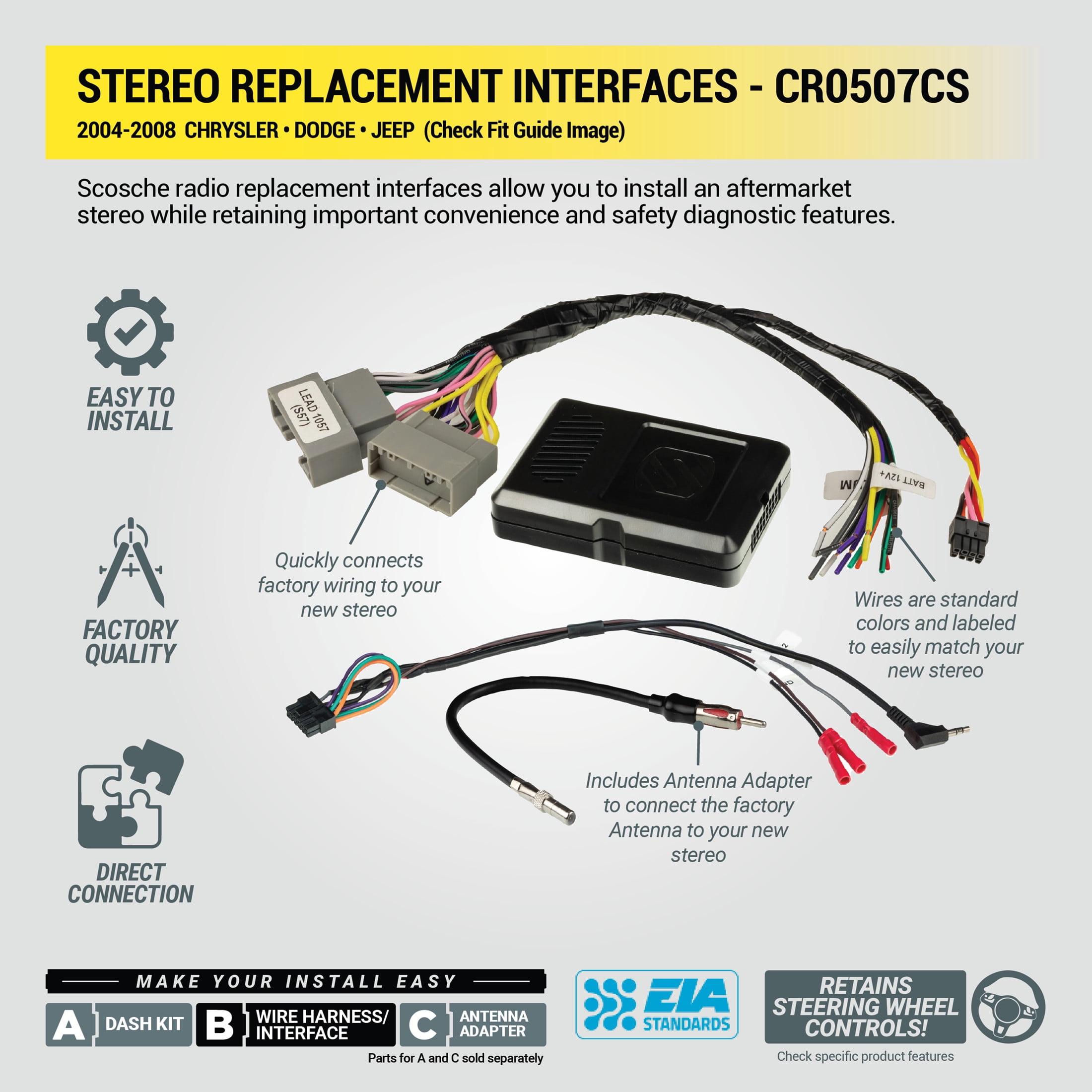 Scosche CR0507CS Double DIN Radio Dash Kit Compatible with Select 2004-08 Chrysler, Dodge, and Jeep