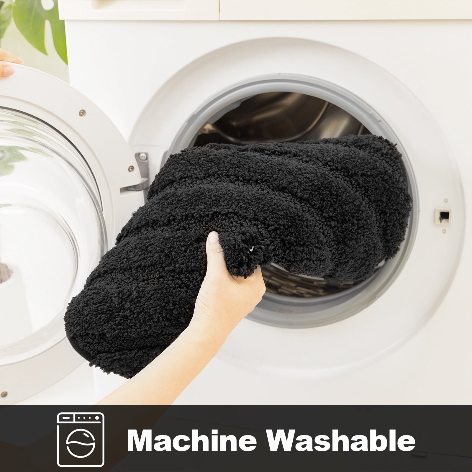 Findosom 3pcs Bathroom Rugs Set with U-Shaped Mat,Non Slip Machine Washable Wave Bath Mat,Ultra Soft Plush Shower Rugs for Bathroom,Tub,Shower18"x26"+18"x48"+U 20"x24"Black
