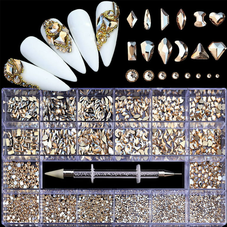 Professional Nail Crystal Kit, Multi Shapes Glass Crystal AB Rhinestones  for Nail Art Craft Mix Sizes Non Hotfix Flatback Nail Gems, Wax Pen for  Rhinestones, Acrylic Beads Storage Container 