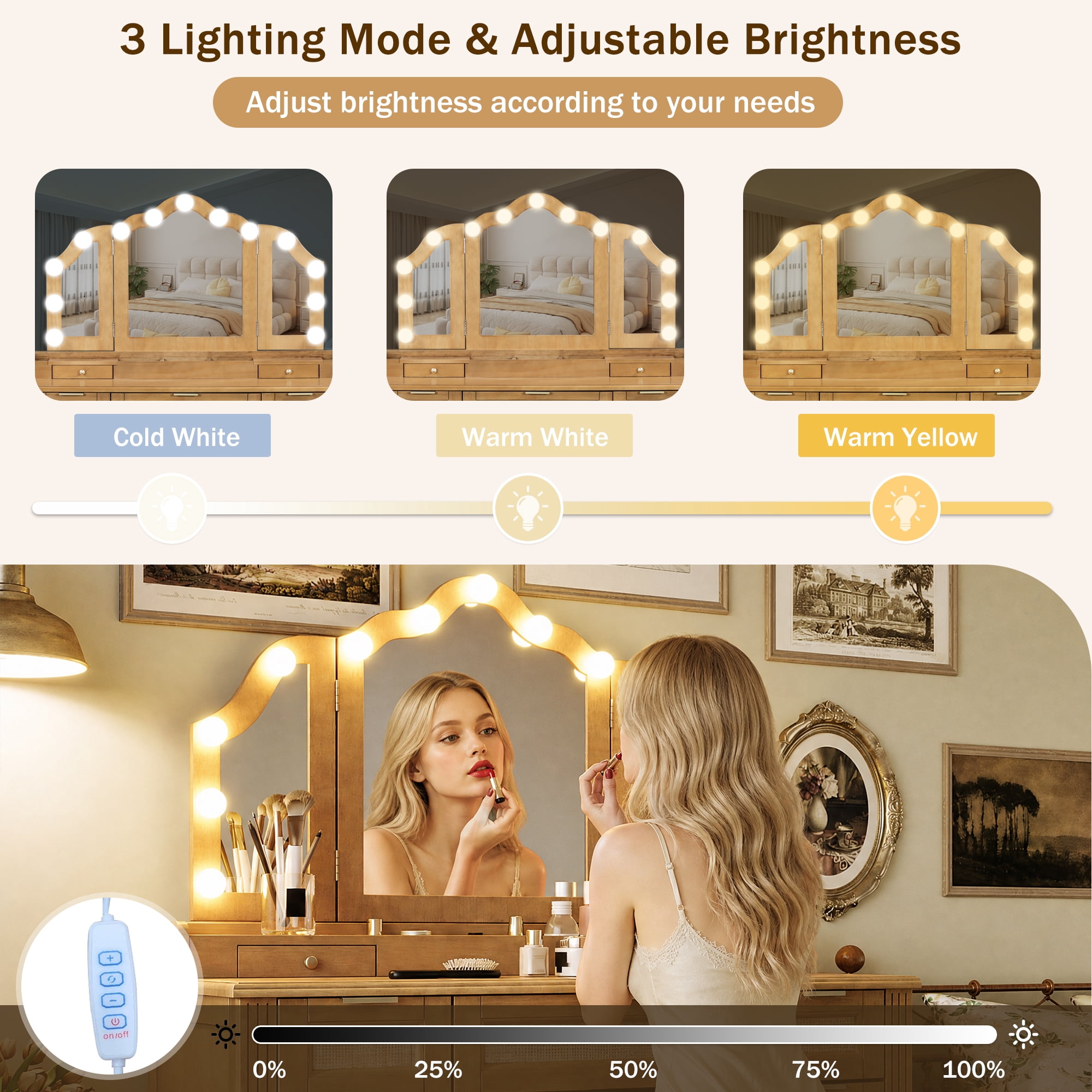 Mintazer 44" Makeup Vanity Set with Tri-Fold LED Mirror & Charging Station, Dressing Table with 5 Drawers & 2 Cabinets and Stool, Makeup Vanity Desk with Hollywood Bulbs for Bedroom, Natural