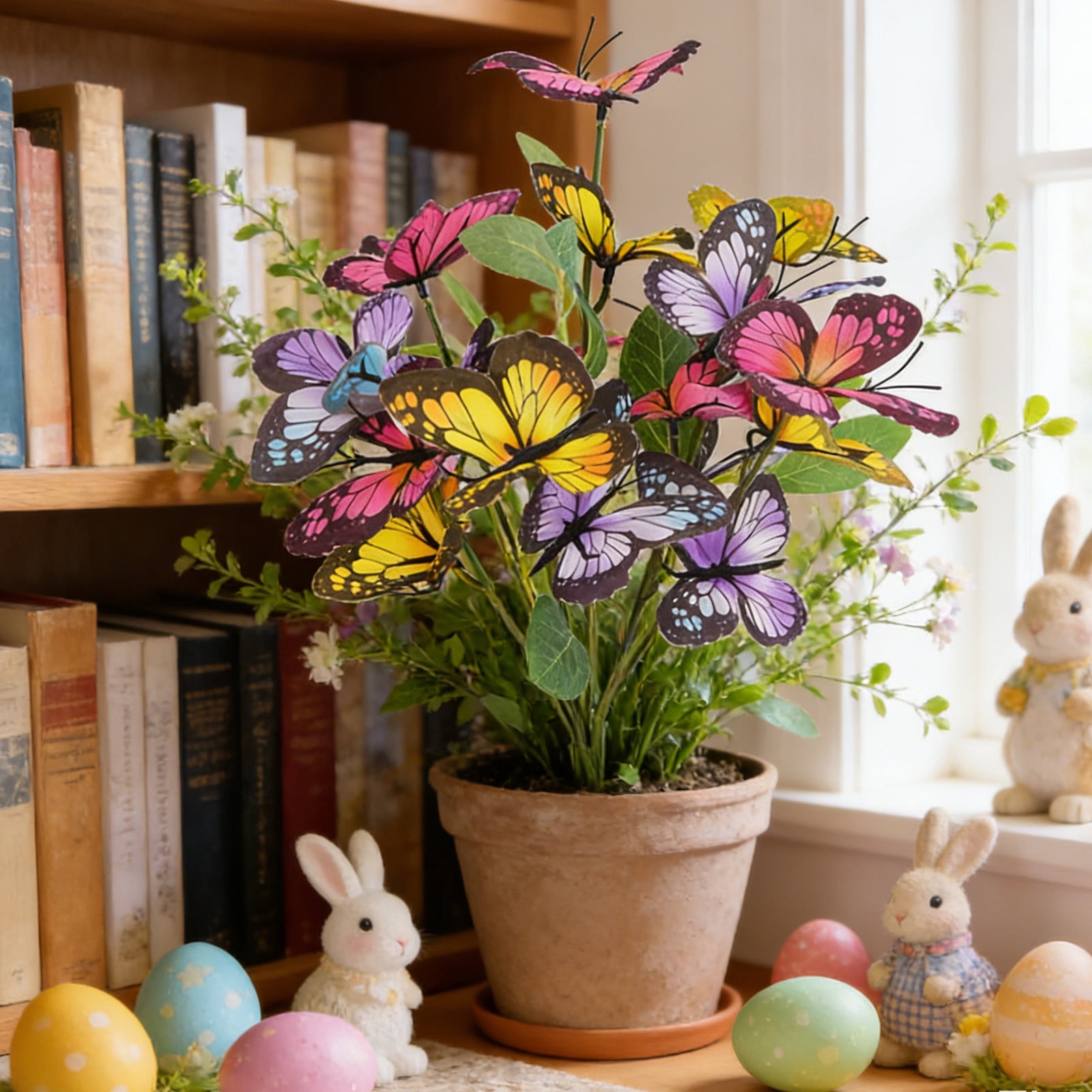 UV Resistant Artificial Flower Bouquet with Butterflies, Colorful Fabric Silk Flowers for Outdoor Garden Decor & Indoor Window Display, Fade-Proof