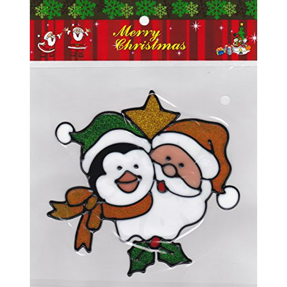 Christmas Holiday Glitter Gel Window Cling Decoration (Santa & Penguin