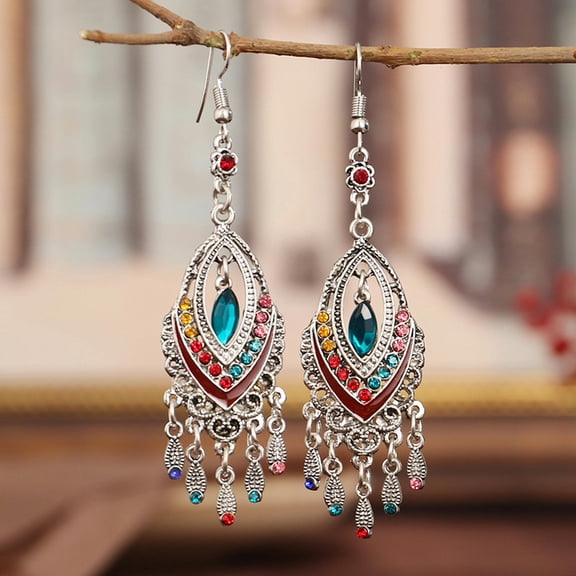 U8MO Bohemian Ethnic Tibetan Crystal Rhinestones Dangle Tassels Hook Earrings DIY-Colorful