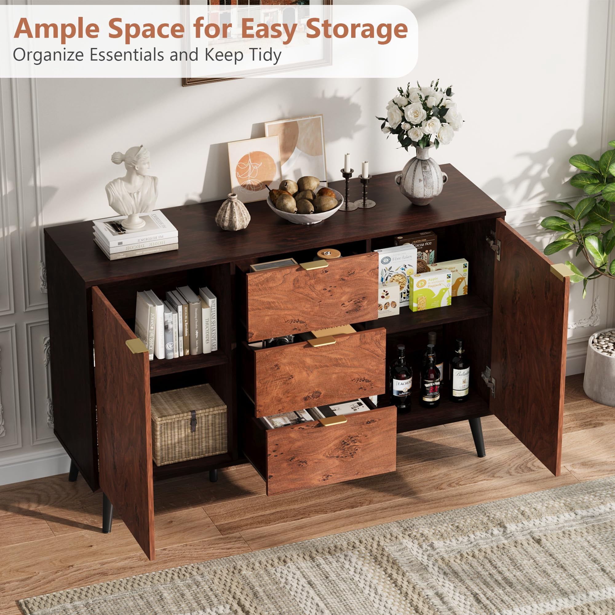 Luku 51" Mid-Century Modern Sideboard Buffet Cabinet, Large Credenza Storage with 3 Drawers, Doors & Shelves, Walnut Finish, Robot Vacuum Friendly, Anti-Tip Safety