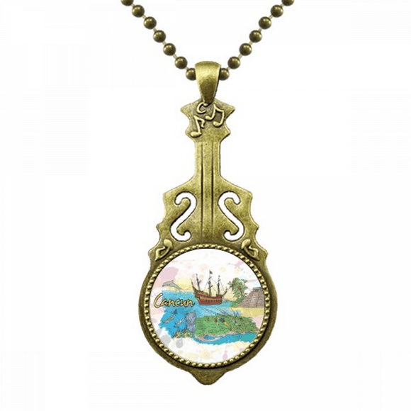 Cancun Mexico Island Mayan Temple Necklace Antique Guitar Jewelry Music Pendant