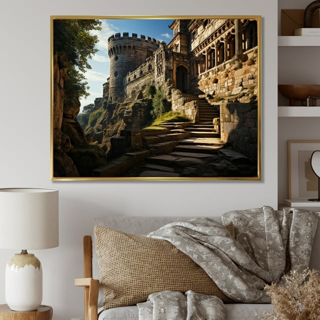 Designart Castles framed wall art decor, Castles framed wall Art, Castles Dramatic Forms High I , Extra large Traditional Gold framed wall art, 32x16 inches Gold Frame