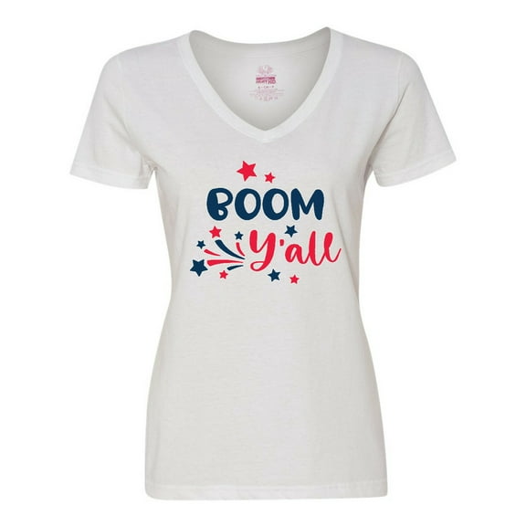Inktastic 4th of July Boom Y'all with Red White and Blue Stars Women's V-Neck T-Shirt