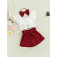thumbnail image 3 of Qiylii 3 Pieces Kids Girls Clothes Set, Solid Color Boat Neck Flounced Tops+ Shorts with Waist Belt+ Headband, 1-4 Years, 3 of 8