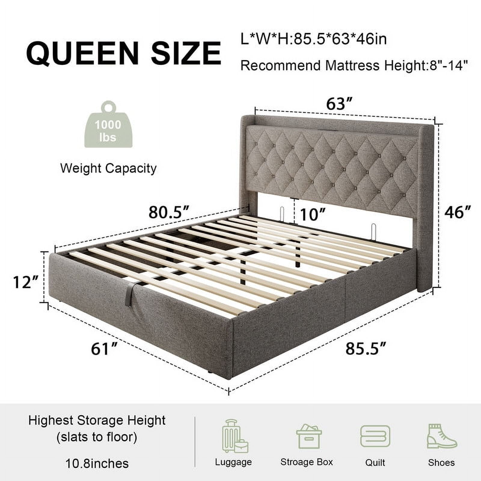 iPormis Queen Size Bed Frame with Lift Up Storage & Charging Station, Button Tufted Wingback Upholstered Headboard, Wooden Slats Support, No Box Spring Needed, Noise Free,Light Gray