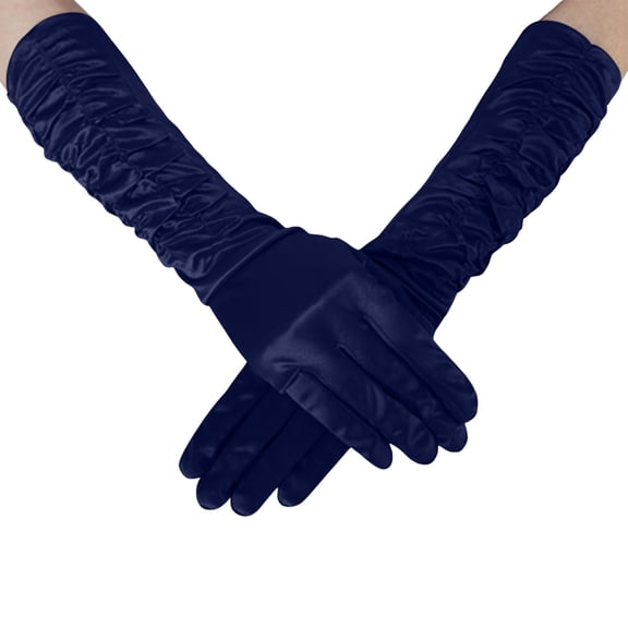 HNMKIU Elegant Women Satin Pleated Gloves for Wedding Party and Formal Evening Events with Soft Finish Navy,One Size