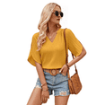 thumbnail image 3 of Blusas de Mujer de con Aberturas, Corta, Cuello en V, Estilo Informal de Negocios, Camisa de Verano Amarilla S, 3 of 10