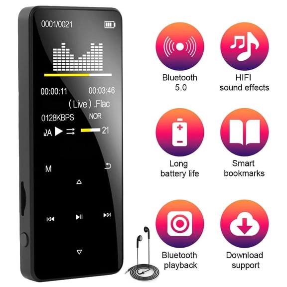 Bluetooth MP3 Player – Portable Lossless Music Player, FM Radio, HD Speaker (Includes Earphones)