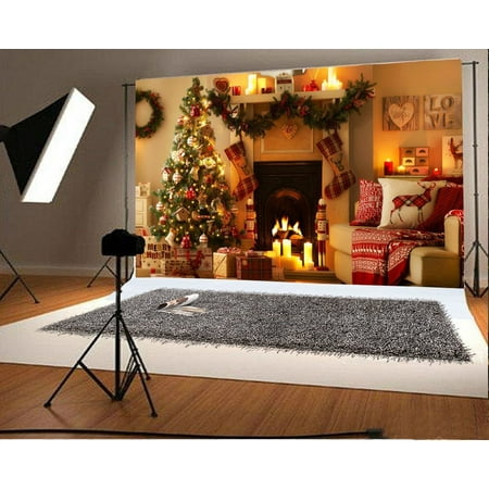 HelloDecor Polyster 7x5ft Photography Backdrops Christmas Tree And Christmas Fireplace Photo Backgrounds Studio