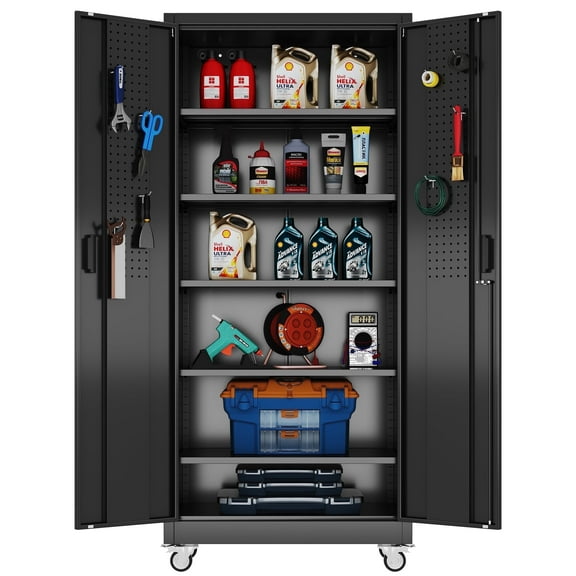 Aobabo Metal Garage Storage Cabinet with Wheels, Rolling Tool Storage Cabinet with 5 Adjustable Shelves and Pegboard for Garage Home Office Utility Room,Required Assembly,Black71" H×32" W×16" D