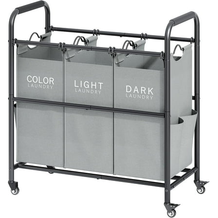3 Bag Laundry Sorter Cart, Laundry Hamper Sorter Basket with Heavy Duty Lockable Rolling Wheels for Clothes Storage, Grey