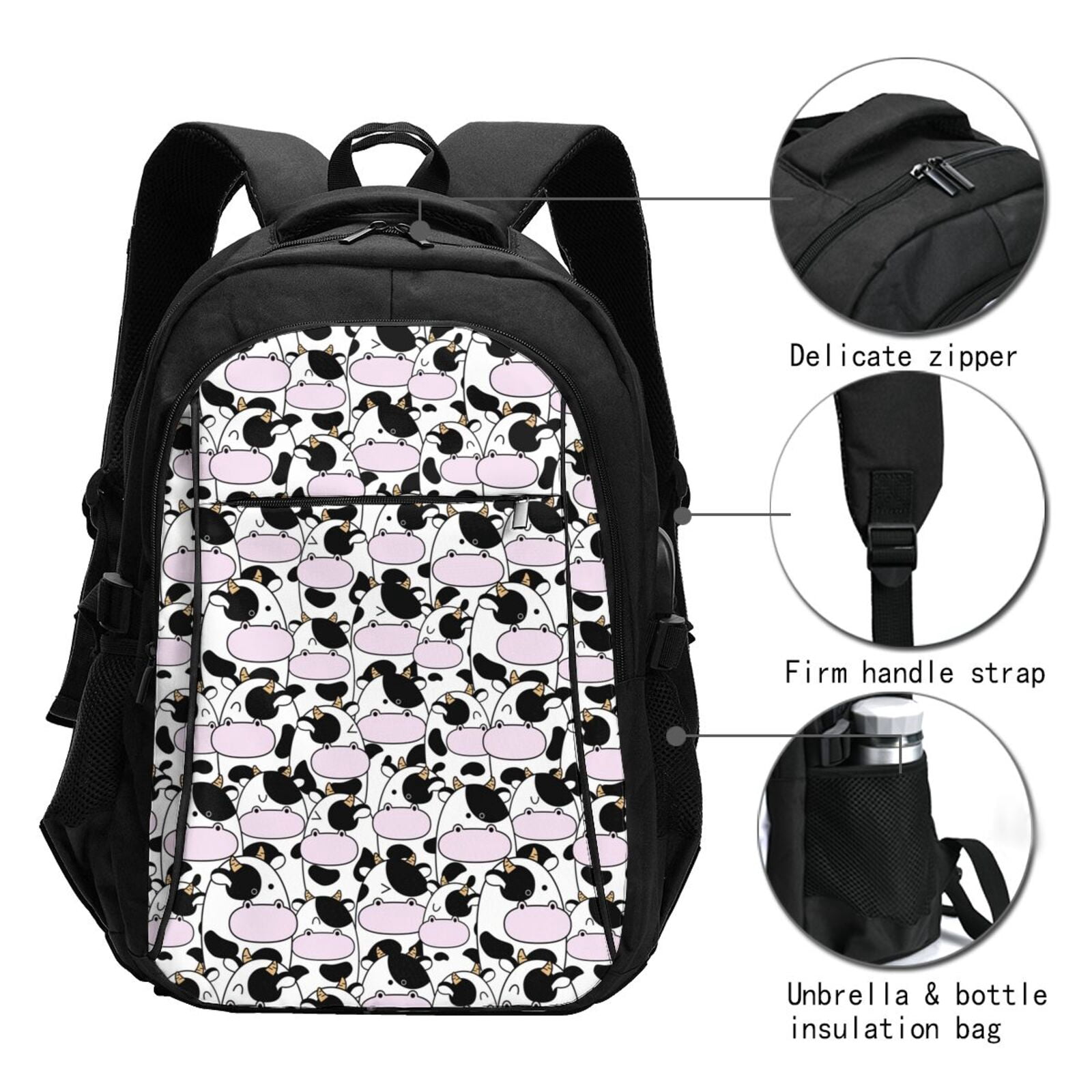 Vsdgher Cute Animal with Cow Print Travel Laptop Backpack, Laptops Backpack with USB Charging Port, Water Resistant Computer Bag Gift for Men & Women