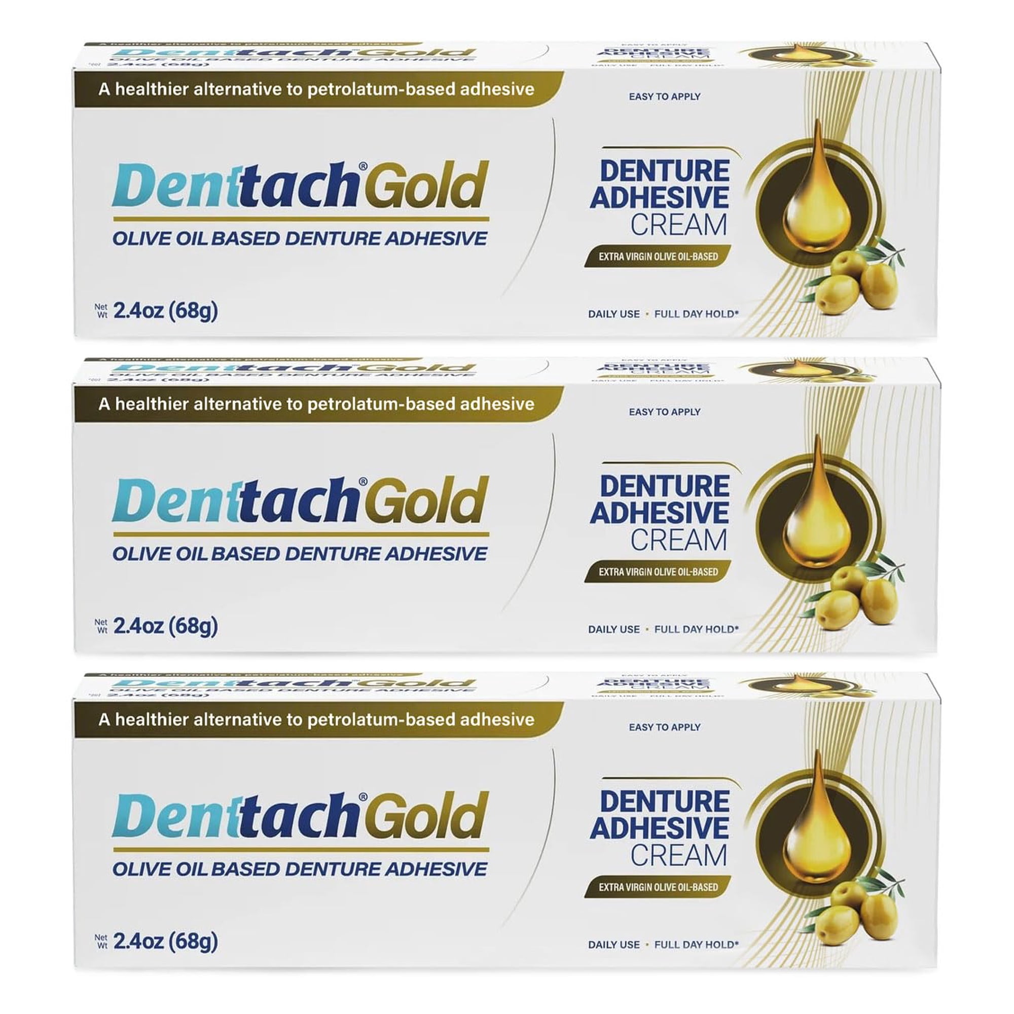 Denttach Gold Denture Adhesive, Olive Oil Based Denture Cream, Zinc-Free, 2.4 oz, 3 Pack