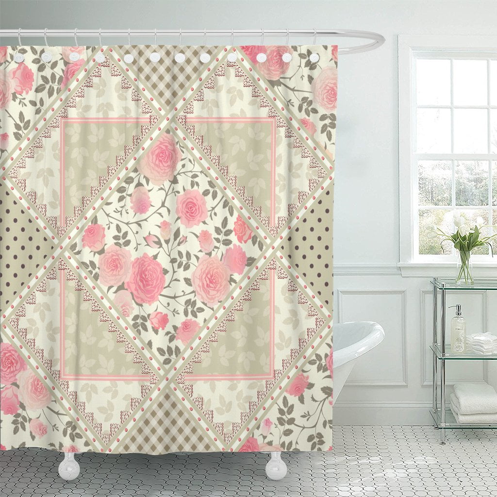 PKNMT Pink Floral Patchwork Pattern Roses Leaves and Laces Rhombus