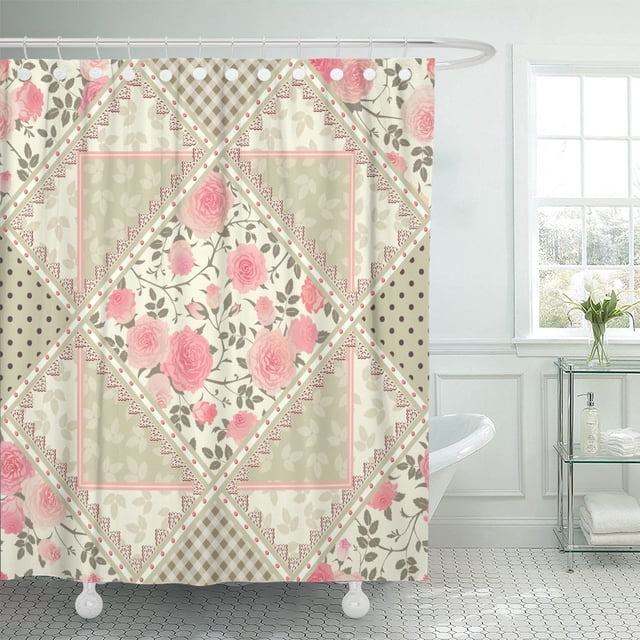 Cortina de ducha de poliéster ABPHQTO diseño de retazos flores rosas 152x180 cm