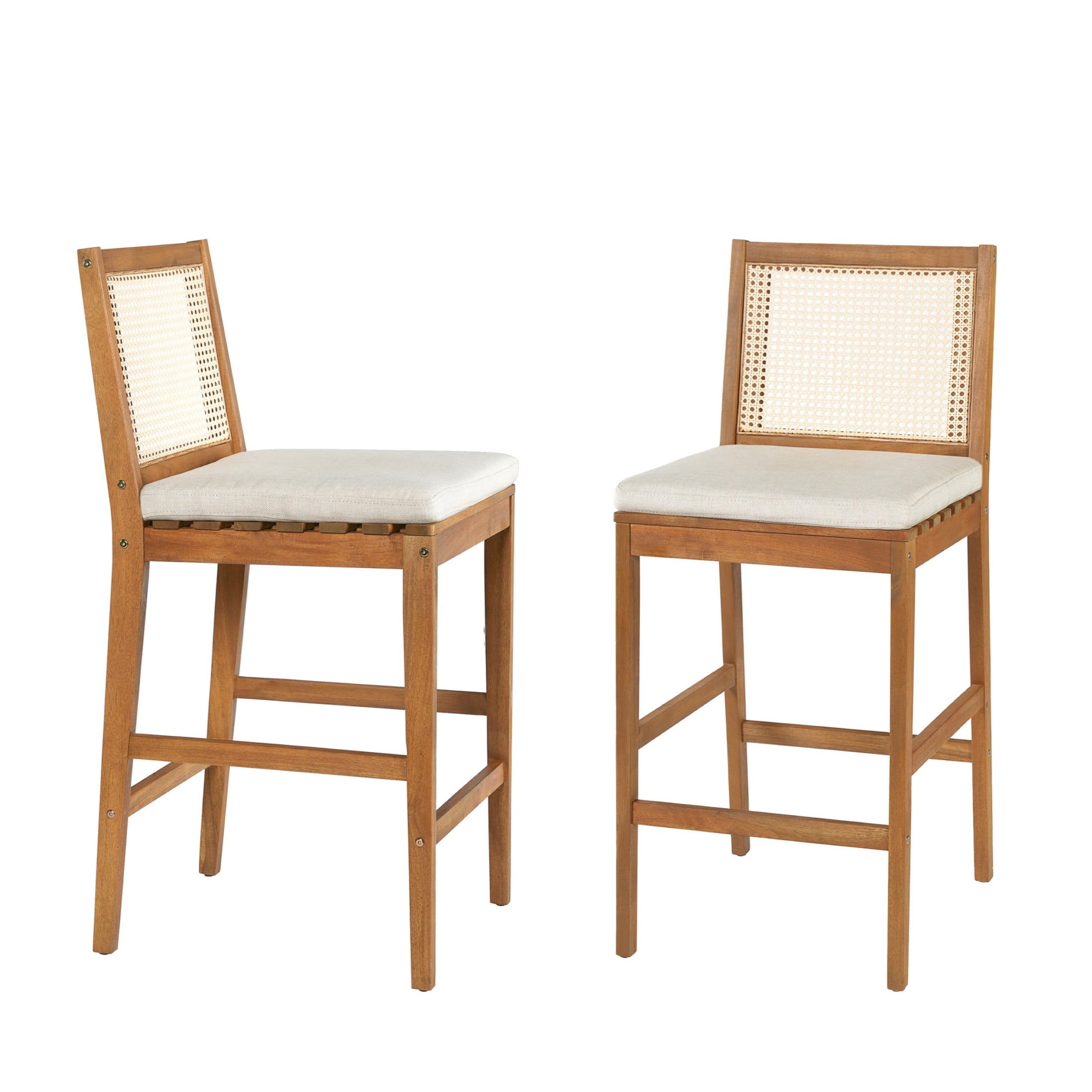 Christopher Knight Home Set of 2 Outdoor Bar Stools with Cushions, Wicker Backrests, Teak + Beige