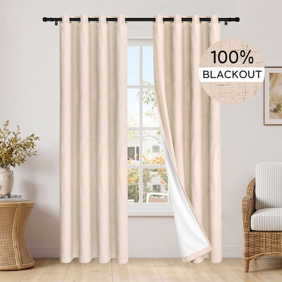 MaKefeile 100% Blackout Linen Blend Grommet Curtains for Bedroom, Thermal Insulated Curtains for Living Room,W52 x L84 Inch,Beige,2 Panels