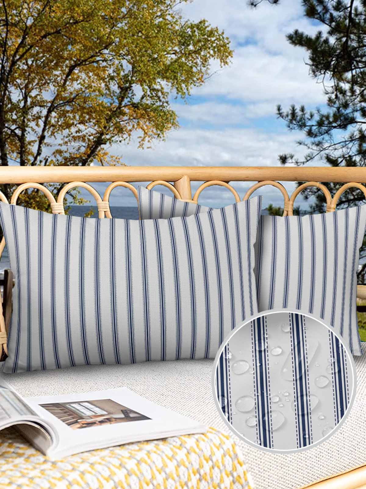 Outdoor Waterproof Throw Pillow Covers Set of 2 Blue Stripe Decorative Pillowcases Lumbar Outdoor Pillows Cushion Case 20x12 Inch Vertical Striped Patio Pillows for Couch Sofa Bed Garden