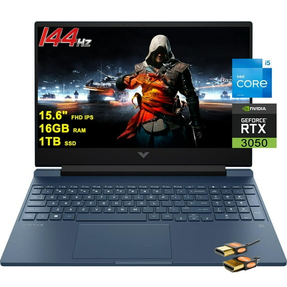 HP Victus Gaming Laptop 15.6" FHD IPS 144Hz Flicker Free 13th Gen Intel 8-Core i5-13420H (>i7-12650H) 16GB RAM 1TB SSD GeForce RTX 3050 4GB Backlit USB-C B&O Fast Charge Win11 Blue   HDMI Cable