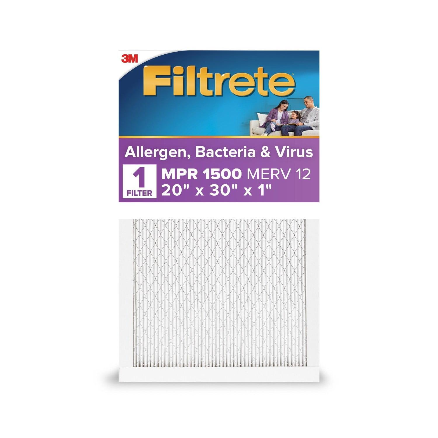 (4 pack) Filtrete 20x30x1 HVAC Furnace Air Filter, MPR 1500 MERV 12, Allergen, Bacteria and Virus, 1 Filter