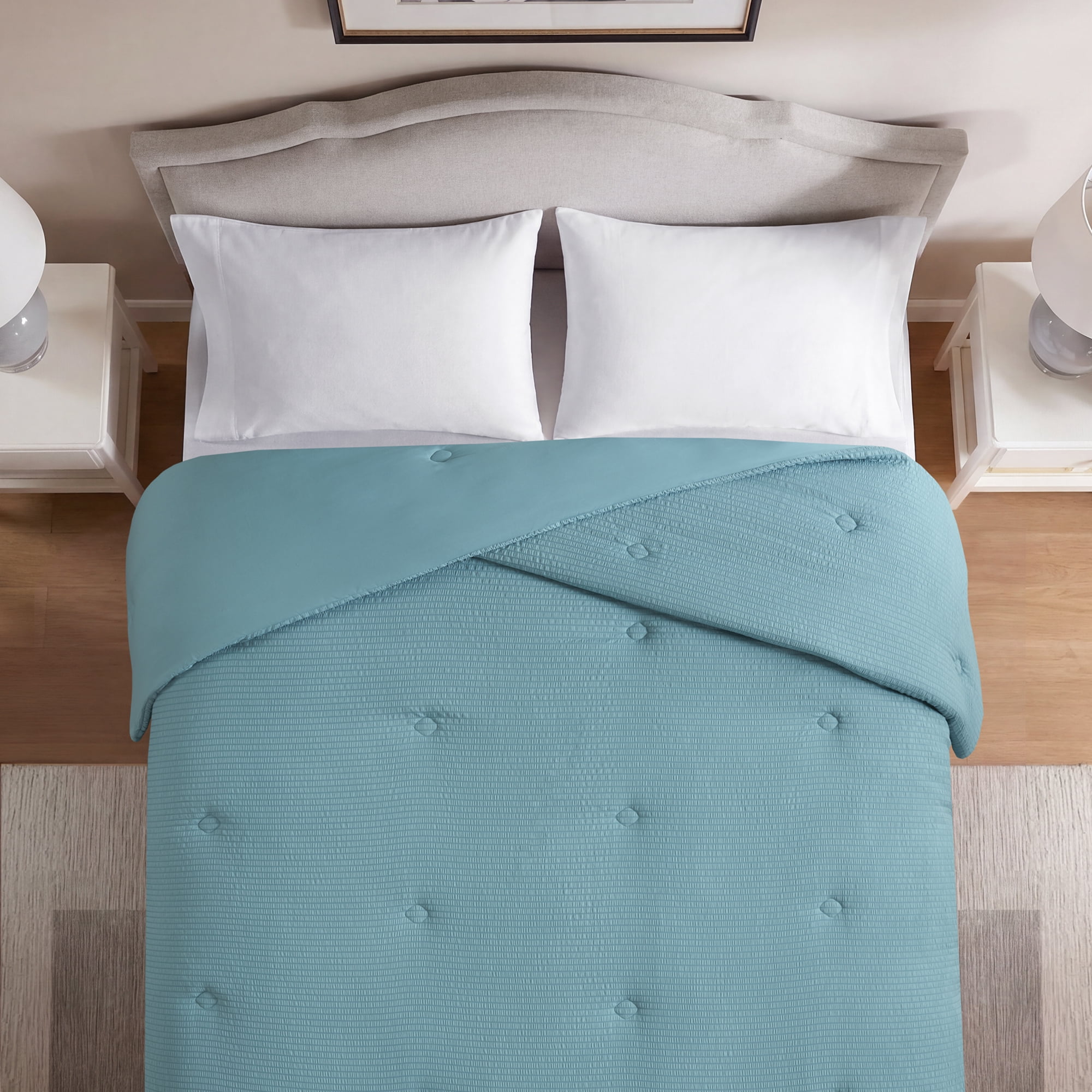 Mainstays King Comforter, Blue Seersucker, Reversible, Down Alternative, All-Season